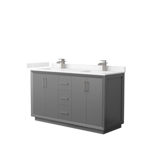 Strada 60 Inch Double Bathroom Vanity in Dark Gray Carrara Cultured Marble Countertop Undermount Square Sink Brushed Nickel Trim