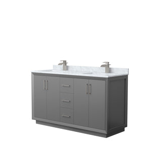 Strada 60 Inch Double Bathroom Vanity in Dark Gray White Carrara Marble Countertop Undermount Square Sink Brushed Nickel Trim