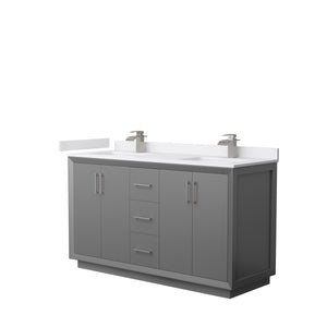 Strada 60 Inch Double Bathroom Vanity in Dark Gray White Cultured Marble Countertop Undermount Square Sink Brushed Nickel Trim