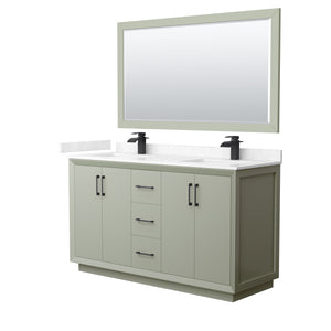 Strada 60 Inch Double Bathroom Vanity in Light Green Carrara Cultured Marble Countertop Undermount Square Sinks Matte Black Trim 58 Inch Mirror