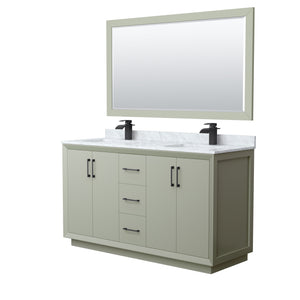 Strada 60 Inch Double Bathroom Vanity in Light Green White Carrara Marble Countertop Undermount Square Sinks Matte Black Trim 58 Inch Mirror