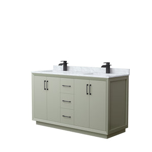Strada 60 Inch Double Bathroom Vanity in Light Green White Carrara Marble Countertop Undermount Square Sinks Matte Black Trim
