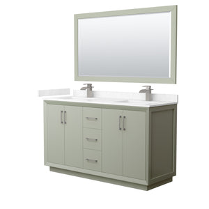 Strada 60 Inch Double Bathroom Vanity in Light Green Carrara Cultured Marble Countertop Undermount Square Sinks Brushed Nickel Trim 58 Inch Mirror
