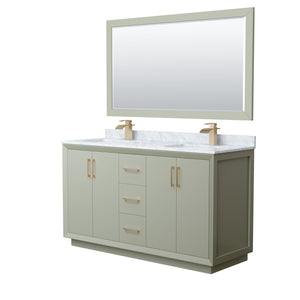 Strada 60 Inch Double Bathroom Vanity in Light Green White Carrara Marble Countertop Undermount Square Sinks Satin Bronze Trim 58 Inch Mirror