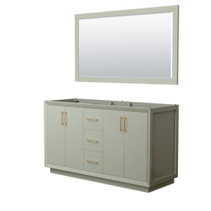 Strada 60 Inch Double Bathroom Vanity in Light Green No Countertop No Sink Satin Bronze Trim 58 Inch Mirror