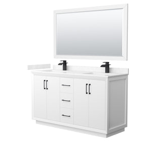 Strada 60 Inch Double Bathroom Vanity in White Carrara Cultured Marble Countertop Undermount Square Sink Matte Black Trim 58 Inch Mirror