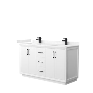 Strada 60 Inch Double Bathroom Vanity in White Carrara Cultured Marble Countertop Undermount Square Sink Matte Black Trim