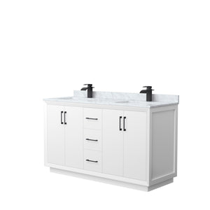 Strada 60 Inch Double Bathroom Vanity in White White Carrara Marble Countertop Undermount Square Sink Matte Black Trim