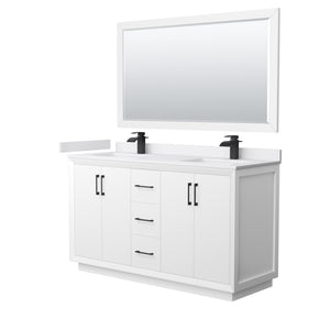 Strada 60 Inch Double Bathroom Vanity in White White Cultured Marble Countertop Undermount Square Sink Matte Black Trim 58 Inch Mirror