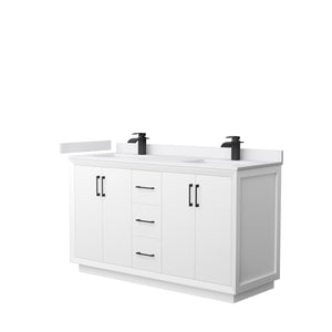 Strada 60 Inch Double Bathroom Vanity in White White Cultured Marble Countertop Undermount Square Sink Matte Black Trim