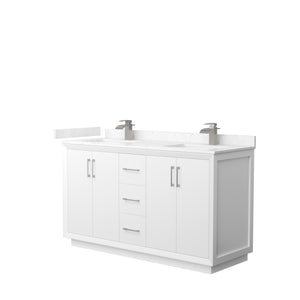 Strada 60 Inch Double Bathroom Vanity in White Carrara Cultured Marble Countertop Undermount Square Sink Brushed Nickel Trim