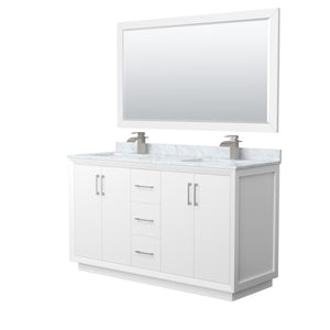Strada 60 Inch Double Bathroom Vanity in White White Carrara Marble Countertop Undermount Square Sink Brushed Nickel Trim 58 Inch Mirror