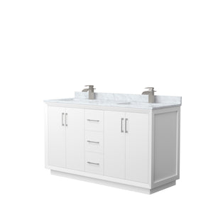 Strada 60 Inch Double Bathroom Vanity in White White Carrara Marble Countertop Undermount Square Sink Brushed Nickel Trim