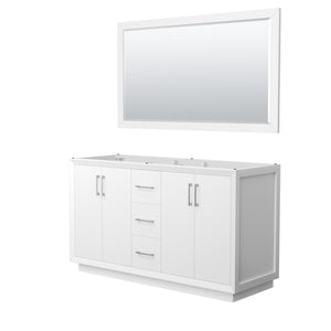 Strada 60 Inch Double Bathroom Vanity in White No Countertop No Sink Brushed Nickel Trim 58 Inch Mirror
