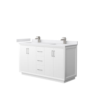 Strada 60 Inch Double Bathroom Vanity in White White Cultured Marble Countertop Undermount Square Sink Brushed Nickel Trim