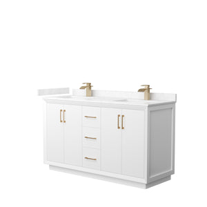 Strada 60 Inch Double Bathroom Vanity in White Carrara Cultured Marble Countertop Undermount Square Sink Satin Bronze Trim