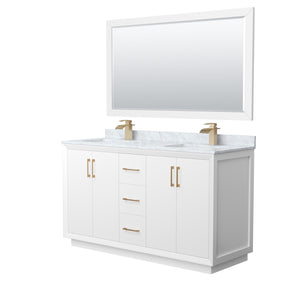 Strada 60 Inch Double Bathroom Vanity in White White Carrara Marble Countertop Undermount Square Sink Satin Bronze Trim 58 Inch Mirror