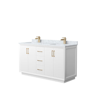 Strada 60 Inch Double Bathroom Vanity in White White Carrara Marble Countertop Undermount Square Sink Satin Bronze Trim