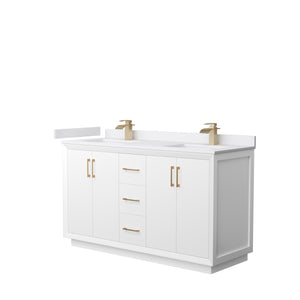 Strada 60 Inch Double Bathroom Vanity in White White Cultured Marble Countertop Undermount Square Sink Satin Bronze Trim