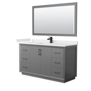 Strada 60 Inch Single Bathroom Vanity in Dark Gray White Cultured Marble Countertop Undermount Square Sink Matte Black Trim 58 Inch Mirror