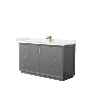 Strada 60 Inch Single Bathroom Vanity in Dark Gray Carrara Cultured Marble Countertop Undermount Square Sink Satin Bronze Trim