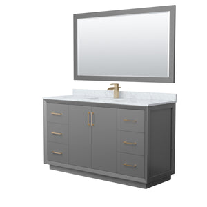 Strada 60 Inch Single Bathroom Vanity in Dark Gray White Carrara Marble Countertop Undermount Square Sink Satin Bronze Trim 58 Inch Mirror