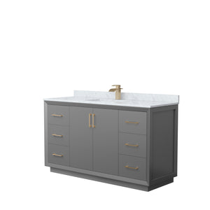 Strada 60 Inch Single Bathroom Vanity in Dark Gray White Carrara Marble Countertop Undermount Square Sink Satin Bronze Trim