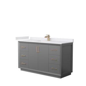 Strada 60 Inch Single Bathroom Vanity in Dark Gray White Cultured Marble Countertop Undermount Square Sink Satin Bronze Trim