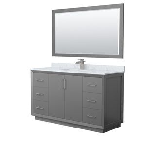 Strada 60 Inch Single Bathroom Vanity in Dark Gray White Carrara Marble Countertop Undermount Square Sink Brushed Nickel Trim 58 Inch Mirror