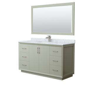 Strada 60 Inch Single Bathroom Vanity in Light Green White Carrara Marble Countertop Undermount Square Sink Brushed Nickel Trim 58 Inch Mirror