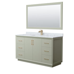 Strada 60 Inch Single Bathroom Vanity in Light Green White Carrara Marble Countertop Undermount Square Sink Satin Bronze Trim 58 Inch Mirror
