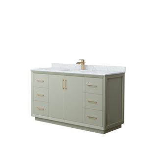 Strada 60 Inch Single Bathroom Vanity in Light Green White Carrara Marble Countertop Undermount Square Sink Satin Bronze Trim