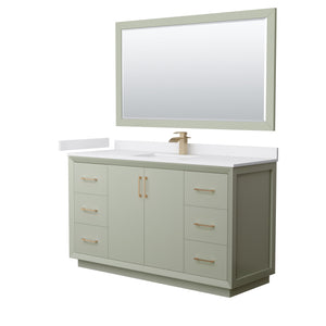 Strada 60 Inch Single Bathroom Vanity in Light Green White Cultured Marble Countertop Undermount Square Sink Satin Bronze Trim 58 Inch Mirror