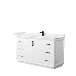 Strada 60 Inch Single Bathroom Vanity in White Carrara Cultured Marble Countertop Undermount Square Sink Matte Black Trim