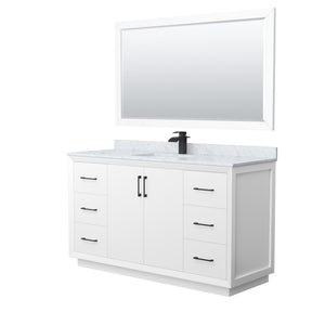 Strada 60 Inch Single Bathroom Vanity in White White Carrara Marble Countertop Undermount Square Sink Matte Black Trim 58 Inch Mirror