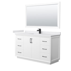 Strada 60 Inch Single Bathroom Vanity in White White Cultured Marble Countertop Undermount Square Sink Matte Black Trim 58 Inch Mirror