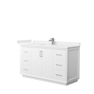 Strada 60 Inch Single Bathroom Vanity in White Carrara Cultured Marble Countertop Undermount Square Sink Brushed Nickel Trim