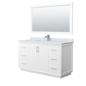 Strada 60 Inch Single Bathroom Vanity in White White Carrara Marble Countertop Undermount Square Sink Brushed Nickel Trim 58 Inch Mirror