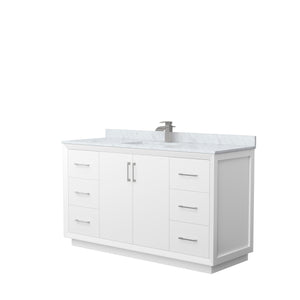 Strada 60 Inch Single Bathroom Vanity in White White Carrara Marble Countertop Undermount Square Sink Brushed Nickel Trim