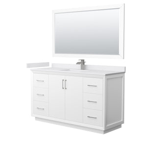 Strada 60 Inch Single Bathroom Vanity in White White Cultured Marble Countertop Undermount Square Sink Brushed Nickel Trim 58 Inch Mirror