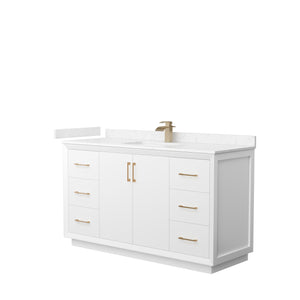 Strada 60 Inch Single Bathroom Vanity in White Carrara Cultured Marble Countertop Undermount Square Sink Satin Bronze Trim