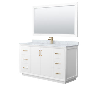 Strada 60 Inch Single Bathroom Vanity in White White Carrara Marble Countertop Undermount Square Sink Satin Bronze Trim 58 Inch Mirror