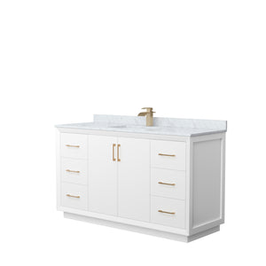 Strada 60 Inch Single Bathroom Vanity in White White Carrara Marble Countertop Undermount Square Sink Satin Bronze Trim
