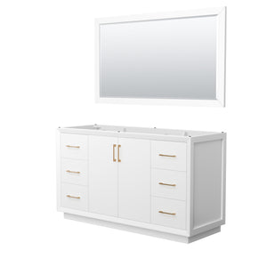 Strada 60 Inch Single Bathroom Vanity in White No Countertop No Sink Satin Bronze Trim 58 Inch Mirror