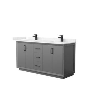 Strada 66 Inch Double Bathroom Vanity in Dark Gray Carrara Cultured Marble Countertop Undermount Square Sink Matte Black Trim