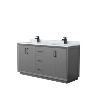 Strada 66 Inch Double Bathroom Vanity in Dark Gray White Carrara Marble Countertop Undermount Square Sink Matte Black Trim