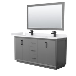 Strada 66 Inch Double Bathroom Vanity in Dark Gray White Cultured Marble Countertop Undermount Square Sink Matte Black Trim 58 Inch Mirror