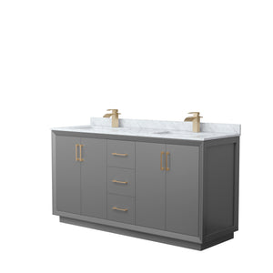 Strada 66 Inch Double Bathroom Vanity in Dark Gray White Carrara Marble Countertop Undermount Square Sink Satin Bronze Trim