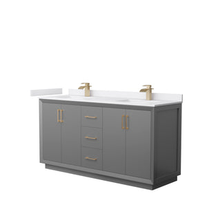 Strada 66 Inch Double Bathroom Vanity in Dark Gray White Cultured Marble Countertop Undermount Square Sink Satin Bronze Trim