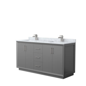 Strada 66 Inch Double Bathroom Vanity in Dark Gray White Carrara Marble Countertop Undermount Square Sink Brushed Nickel Trim